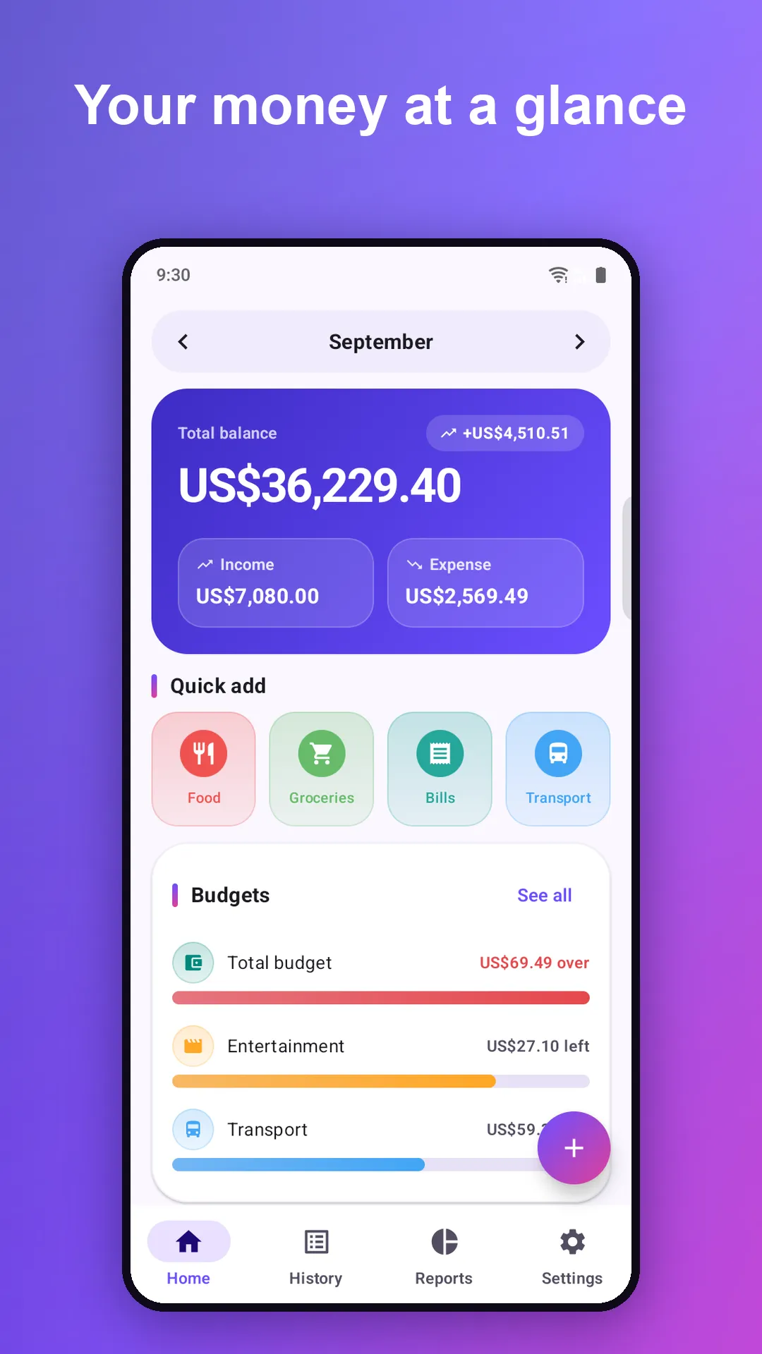 Home screen: total balance, quick add and budgets