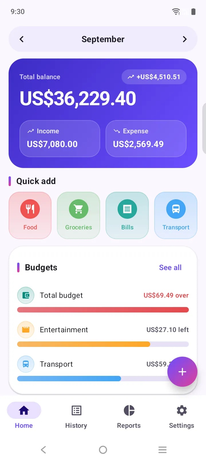 Expense Manager home screen showing total balance, quick-add categories and budgets