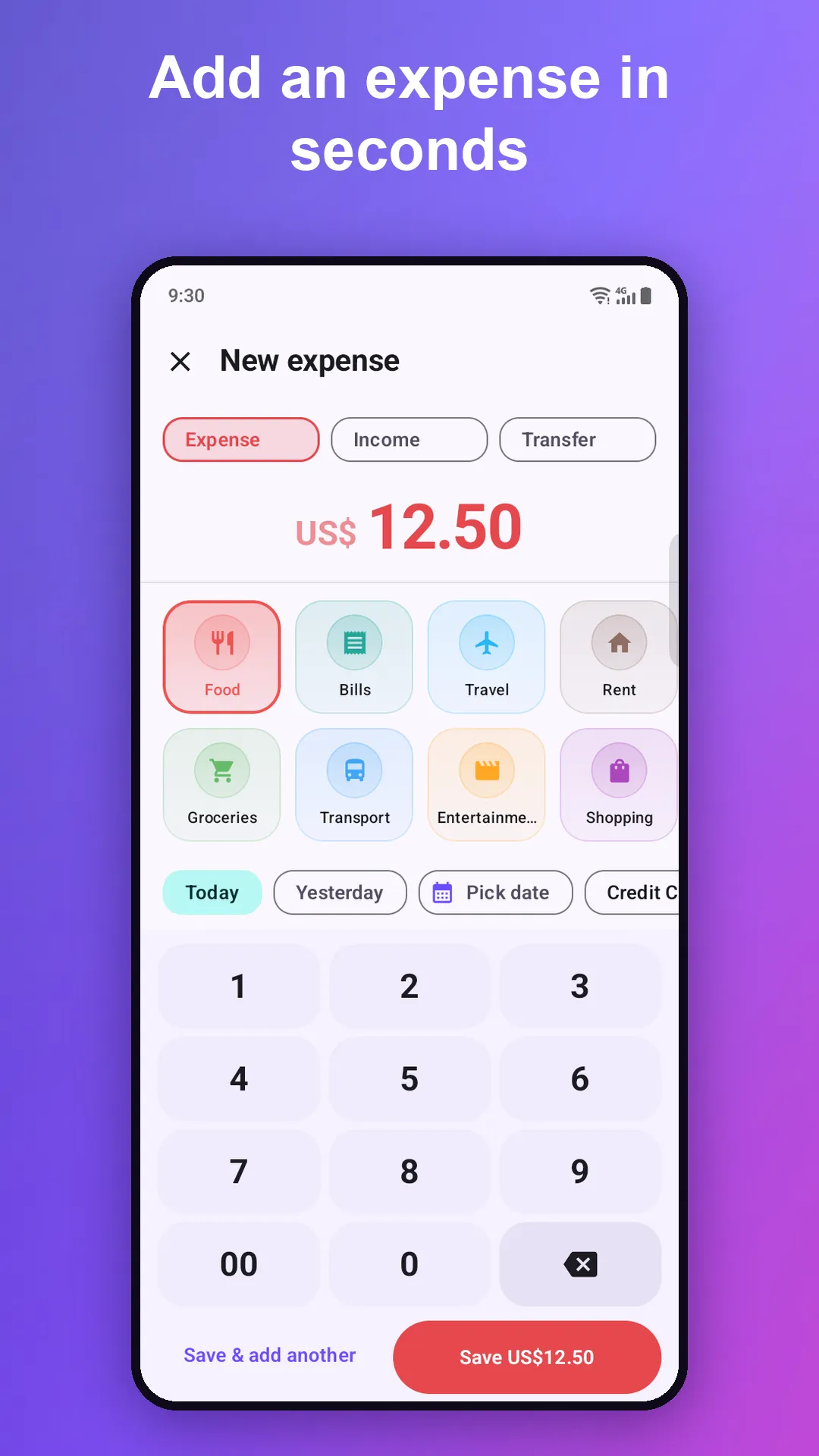 Add expense screen with keypad and categories